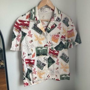Reformation Cuba Postcard Novelty Print Linen Short Sleeve Top S